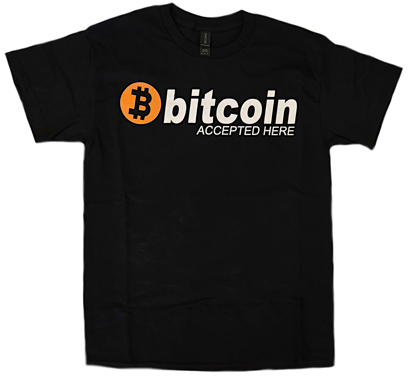 Bitcoin Accepted Here T Shirt in Black. Bitcoin price in SATS 21,000 or prox.